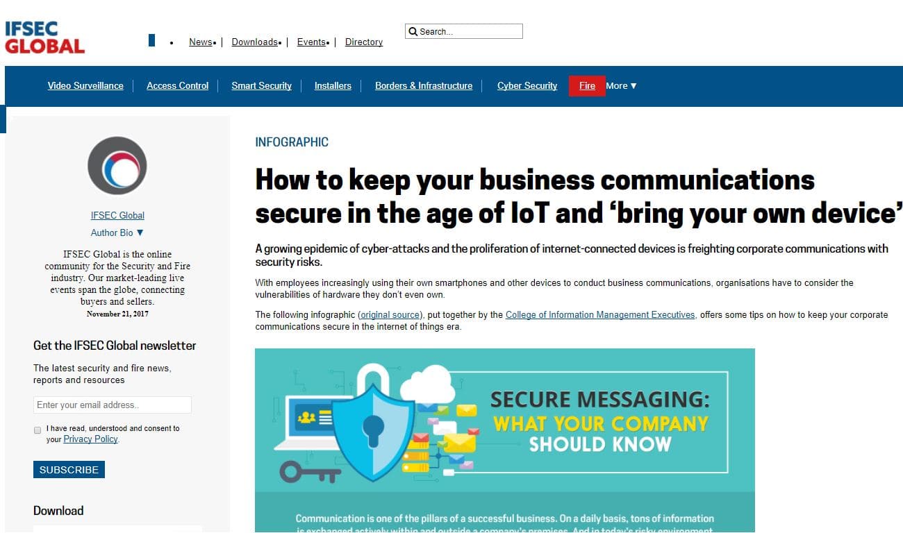IFSEC Global Features “Secure Messaging: What Your Company Should Know”